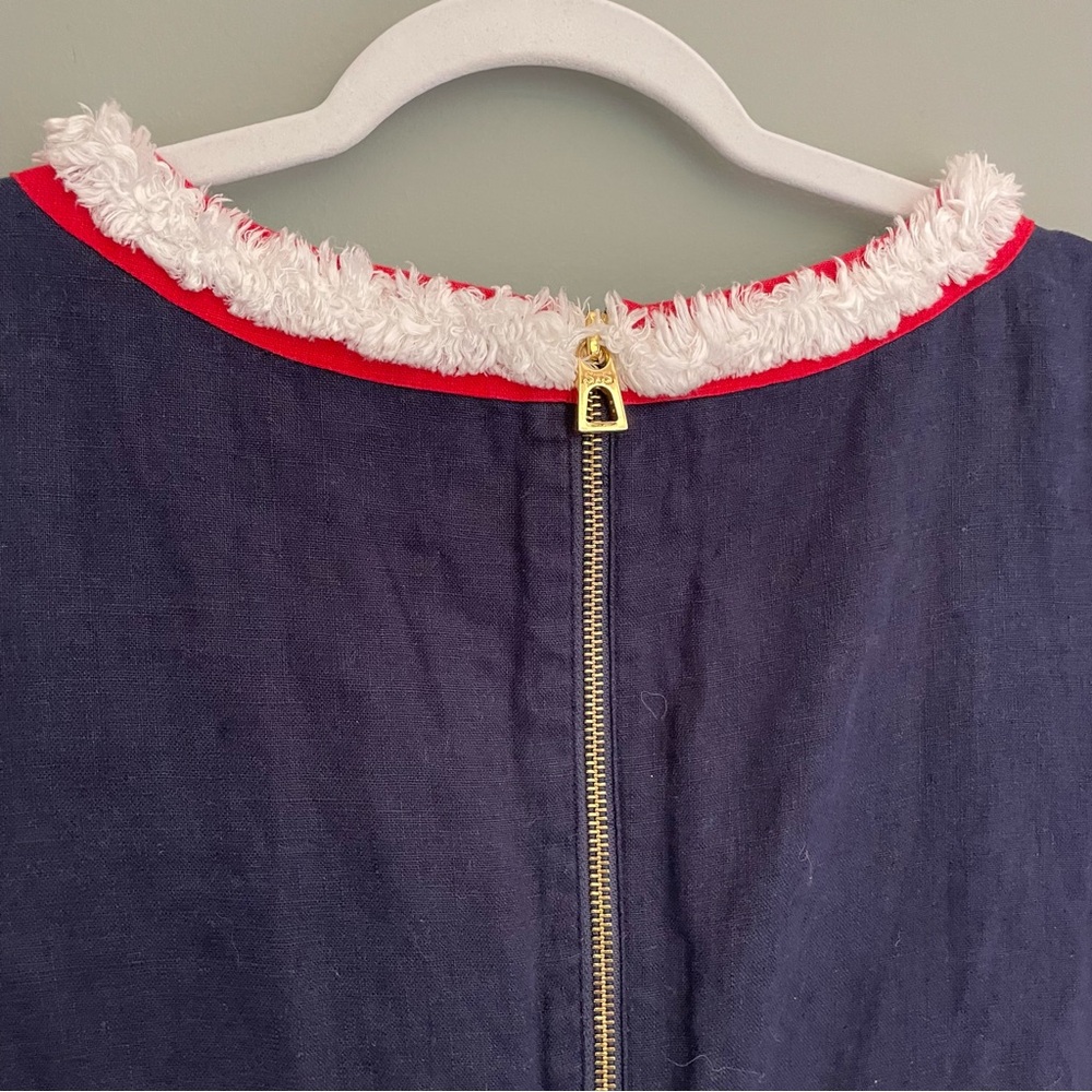 Sail to Sable 100% Linen Navy Blue Red White Fringe Trim Mini Shift Dress 4 - Picture 7 of 13